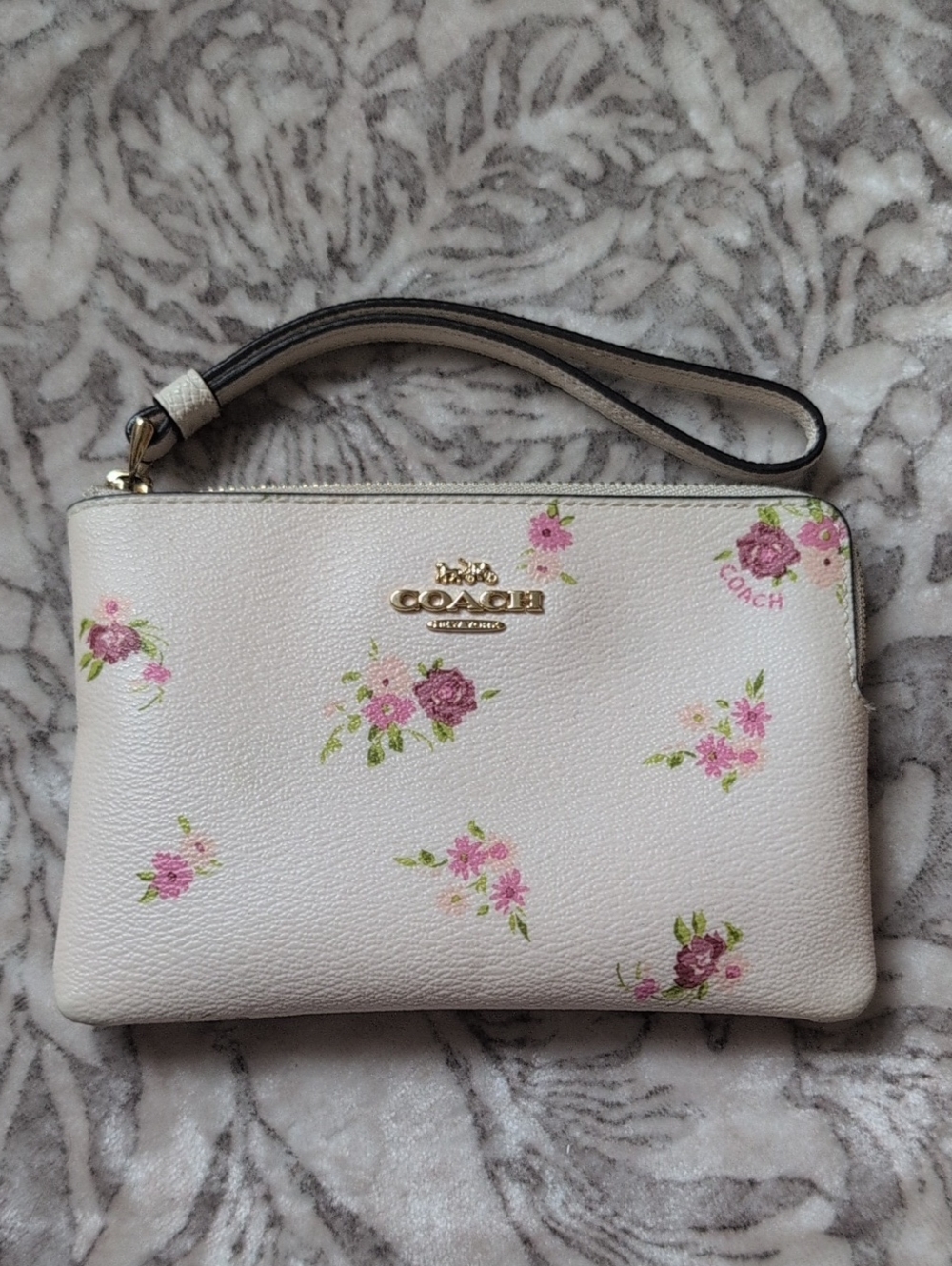 Coach Cream Floral Wristlet with Pink Accents